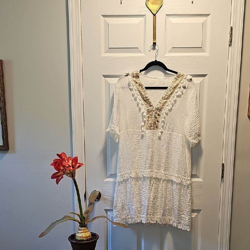 Women's White Midi Dress/Tunic with Feminine Ruffles, Size 6